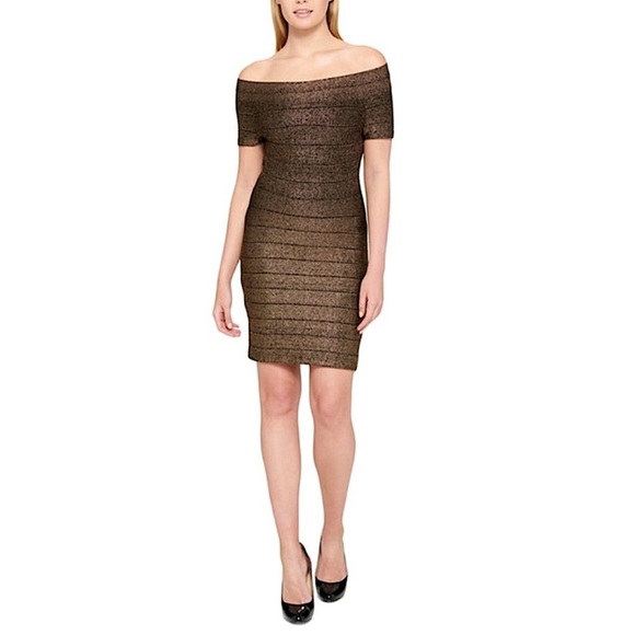 GUESS Bodycon Bandage Metallic Gold off the shoulder dress in US 10 M Black tie - Picture 11 of 11